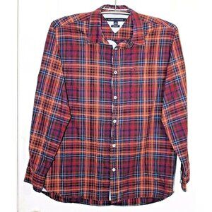 Tommy Hilfiger Mens Button Down Plaid Shirt Large Blue Red Cotton Long Sleeve